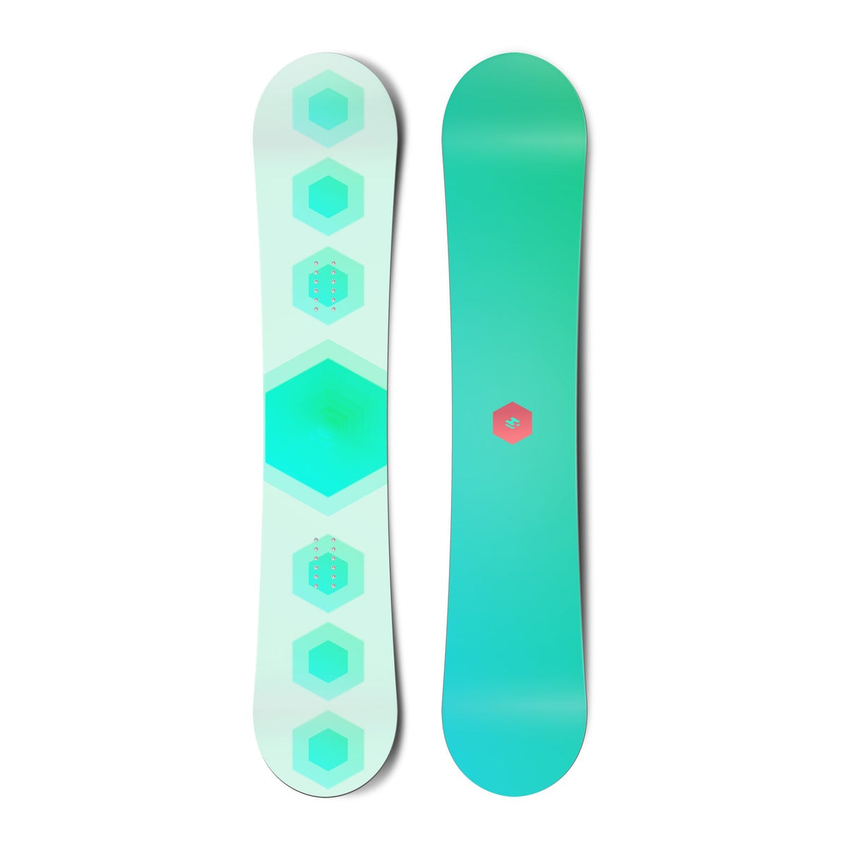 Top and bottom view of a snowboard. The top view shows 7 stacked hexagons and the bottom view
shows a small, centred hexagonal logo for Hydrogen.