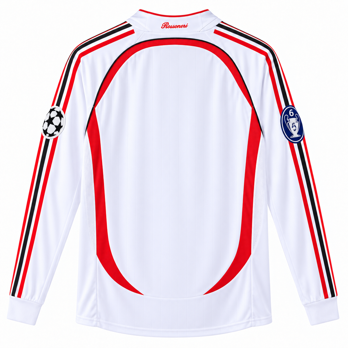 Camisa Milan Away 2006/07 Retrô Masculina Manga Longa Final da Champions Com Patchs - Branca — camisa de costas