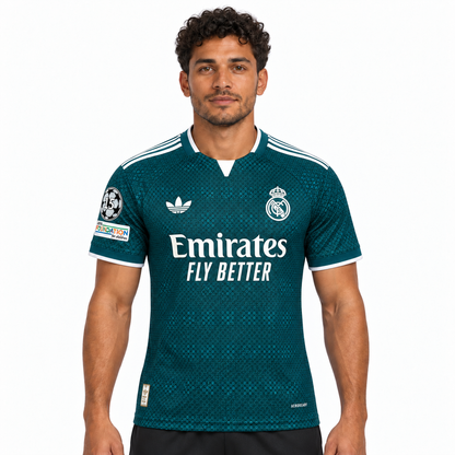 Camisa Real Madrid Away 26/27 Jogador Masculina Com Patchs – Verde — modelo de frente