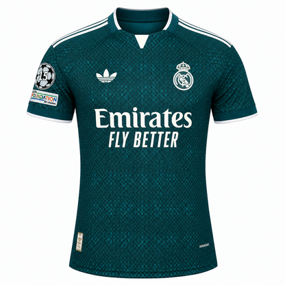 Camisa Real Madrid Away 26/27 Jogador Masculina Com Patchs – Verde — camisa de frente