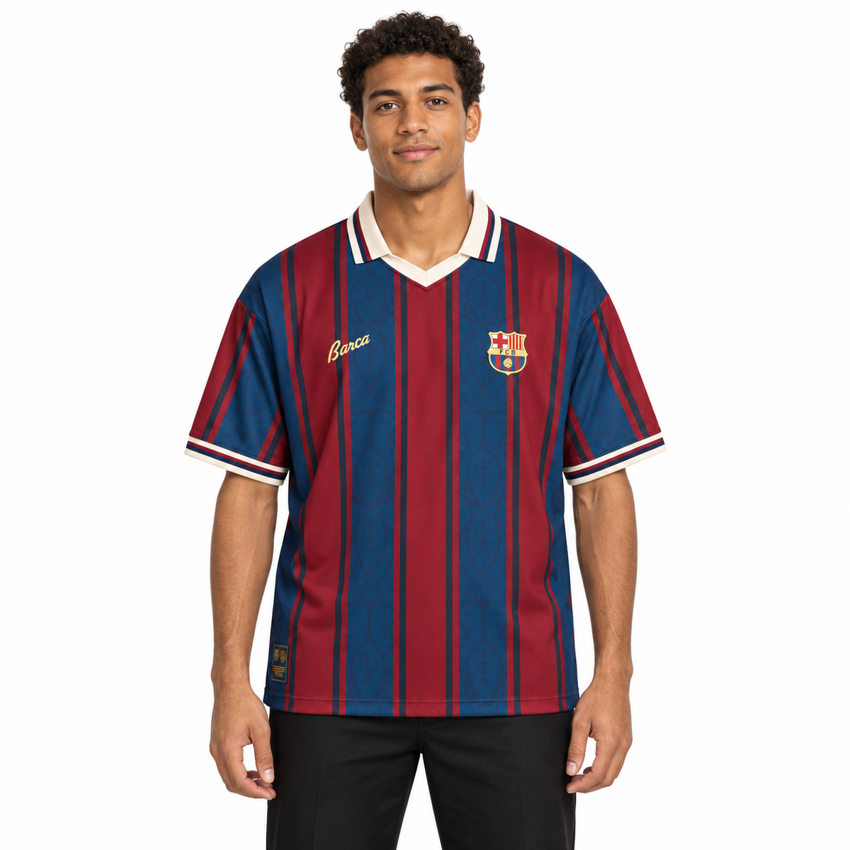 Camisa Barcelona Especial 125 Anos Retrô Masculina Polo - Azul e Grená — modelo de frente