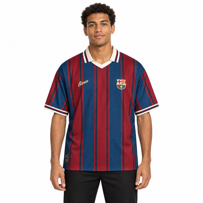 Camisa Barcelona Especial 125 Anos Retrô Masculina Polo - Azul e Grená — modelo de frente
