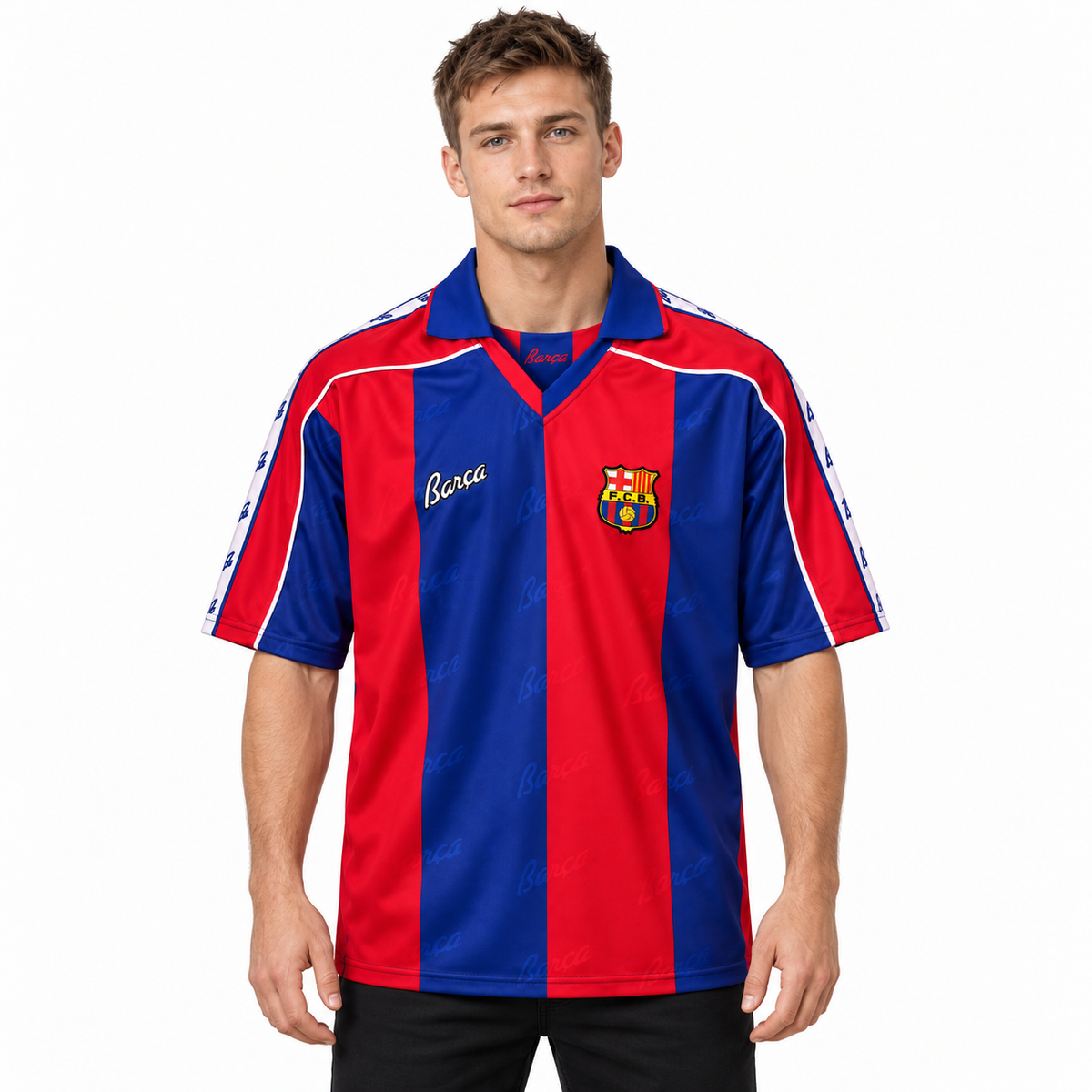 Camisa Barcelona Home 1992/95 Retrô Masculina - Azul e Vermelha — modelo de frente