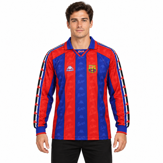 Camisa Barcelona Home 1995/97 Retrô Masculina Manga Longa - Azul e Vermelha — modelo de frente