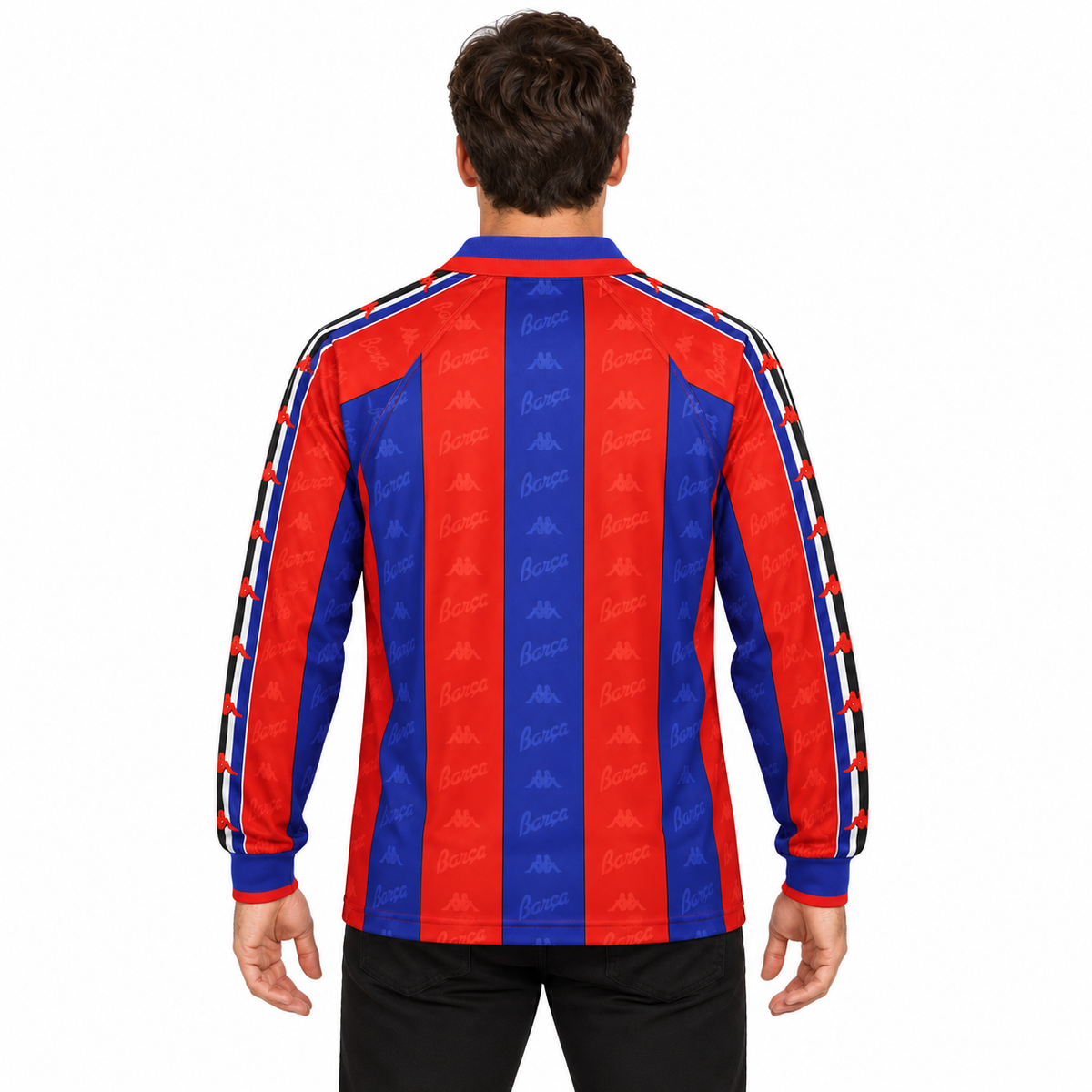 Camisa Barcelona Home 1995/97 Retrô Masculina Manga Longa - Azul e Vermelha — modelo de costas