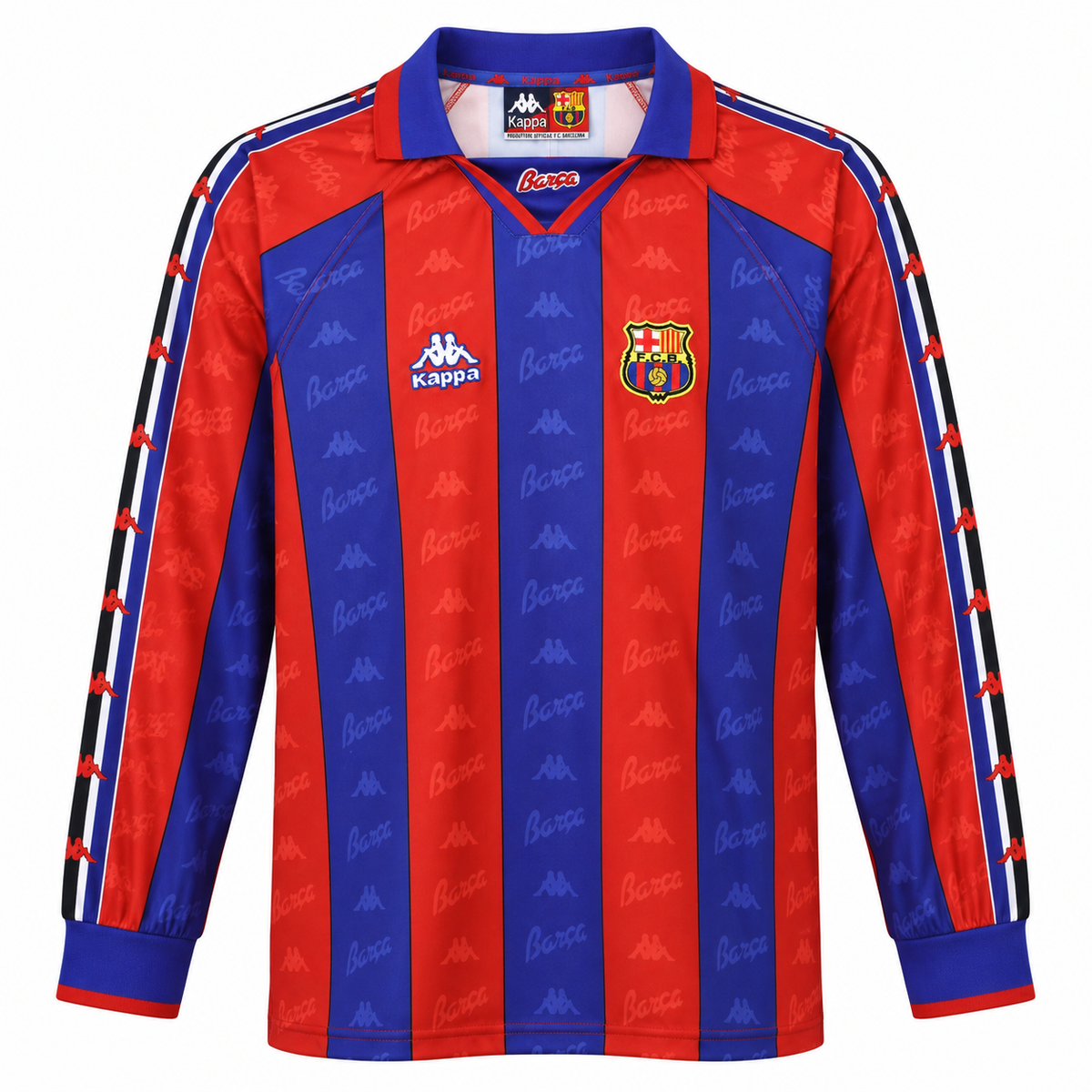 Camisa Barcelona Home 1995/97 Retrô Masculina Manga Longa - Azul e Vermelha — camisa de frente