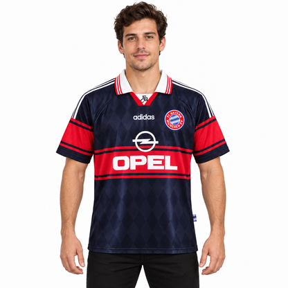 Camisa Bayern de Munique Away 1997/99 Retrô Masculina - Preta e Vermelha — modelo de frente