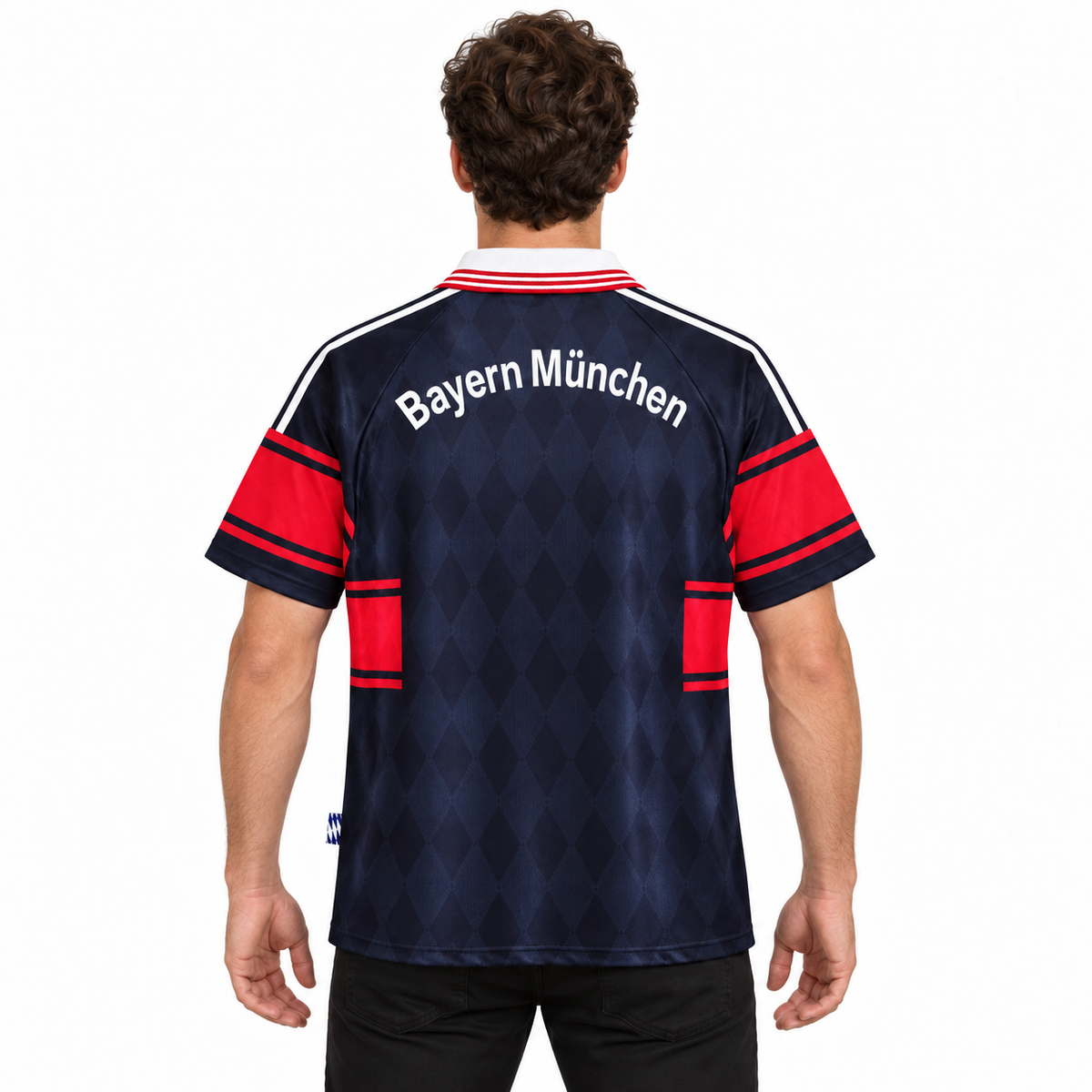 Camisa Bayern de Munique Away 1997/99 Retrô Masculina - Preta e Vermelha — modelo de costas