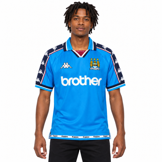 Camisa Manchester City Home 1997/98 Retrô Masculina - Azul — modelo de frente