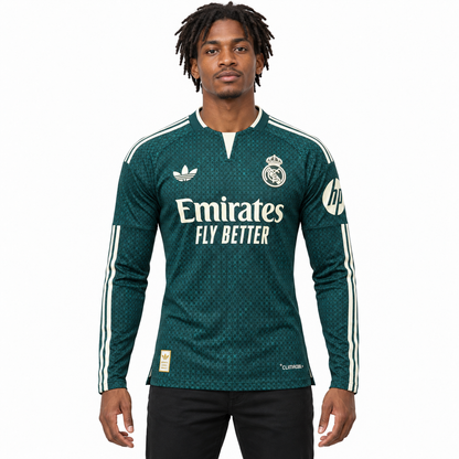 Camisa Real Madrid Away 26/27 Jogador Masculina Manga Longa - Verde — modelo de frente