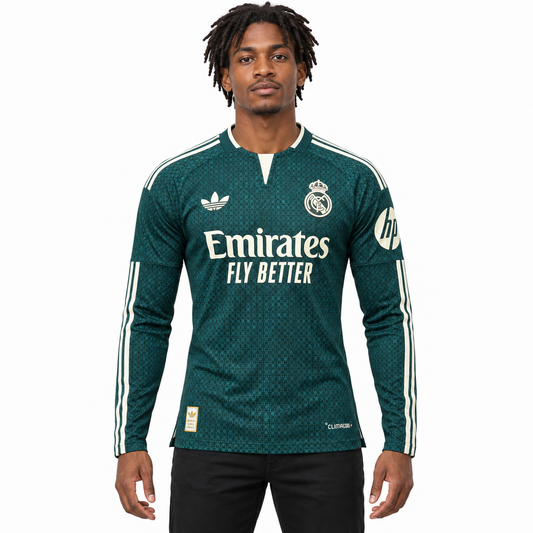 Camisa Real Madrid Away 26/27 Jogador Masculina Manga Longa - Verde — modelo de frente