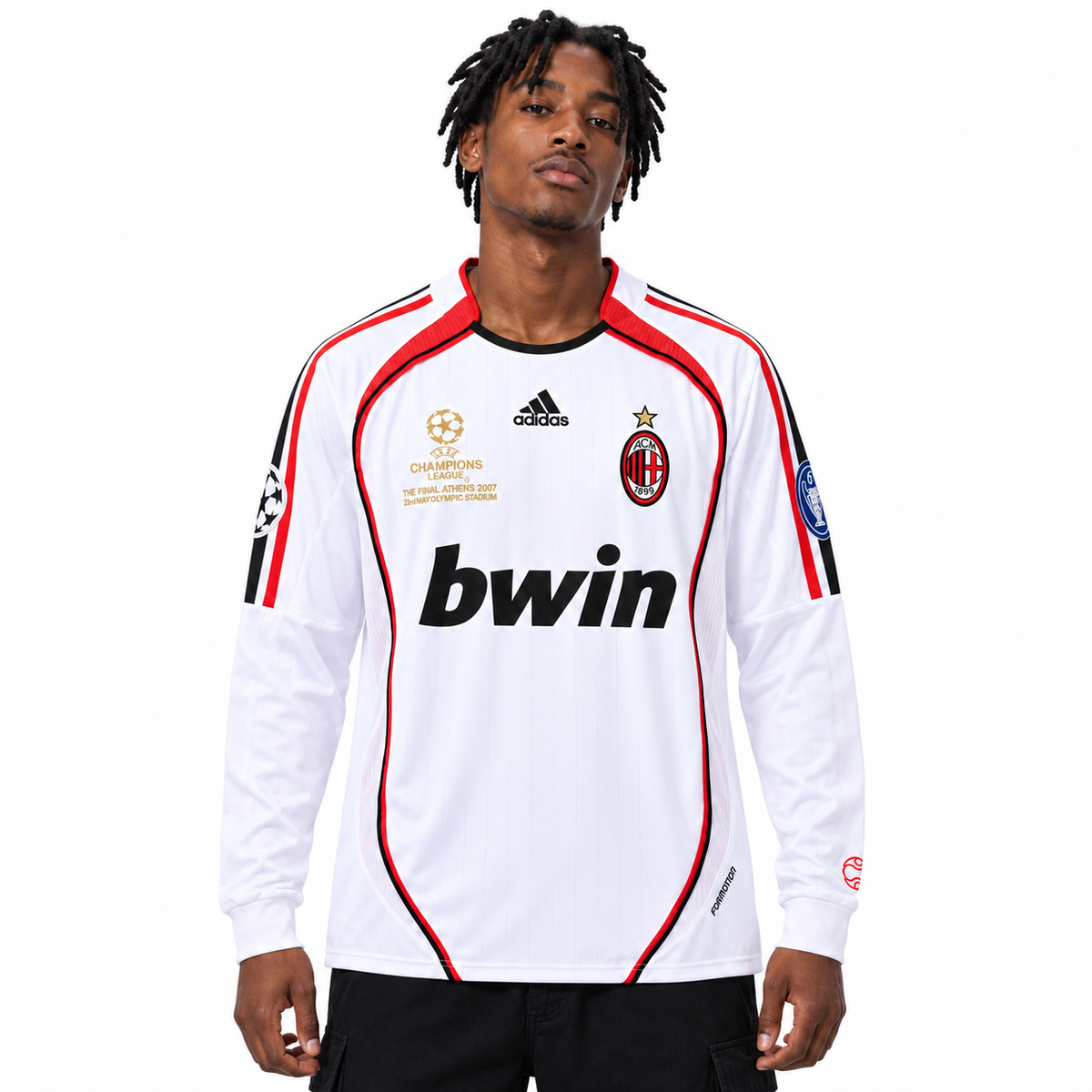 Camisa Milan Away 2006/07 Retrô Masculina Manga Longa Final da Champions Com Patchs - Branca — modelo de frente