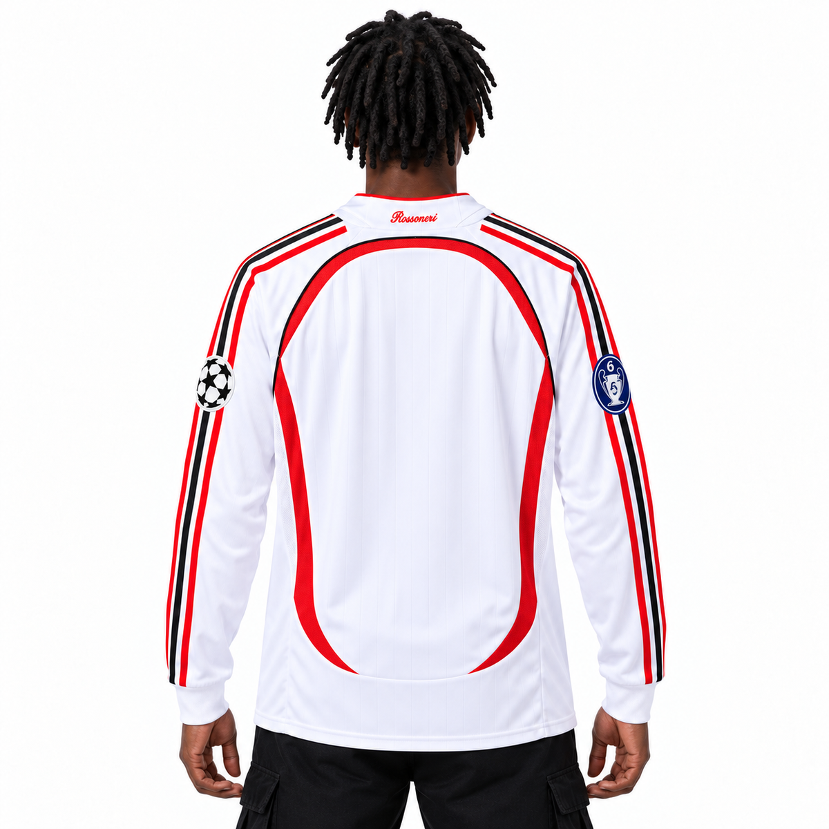 Camisa Milan Away 2006/07 Retrô Masculina Manga Longa Final da Champions Com Patchs - Branca — modelo de costas