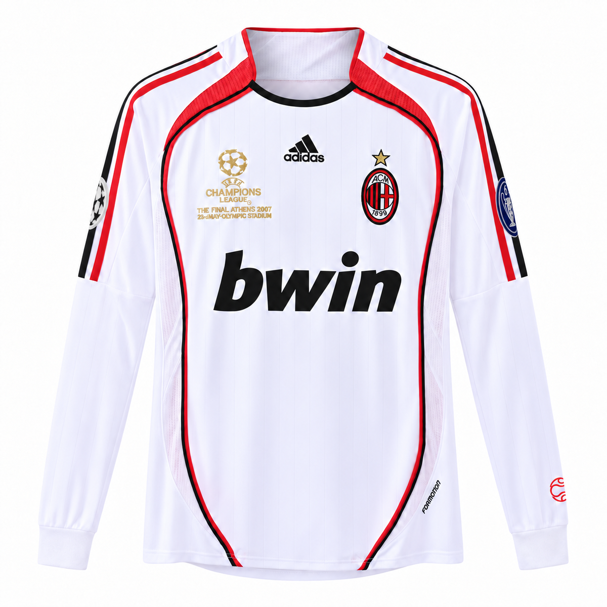 Camisa Milan Away 2006/07 Retrô Masculina Manga Longa Final da Champions Com Patchs - Branca — camisa de frente