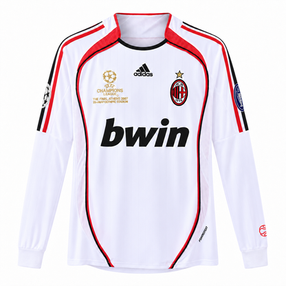 Camisa Milan Away 2006/07 Retrô Masculina Manga Longa Final da Champions Com Patchs - Branca — camisa de frente