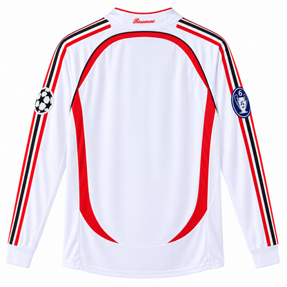 Camisa Milan Away 2006/07 Retrô Masculina Manga Longa Final da Champions Com Patchs - Branca — camisa de costas